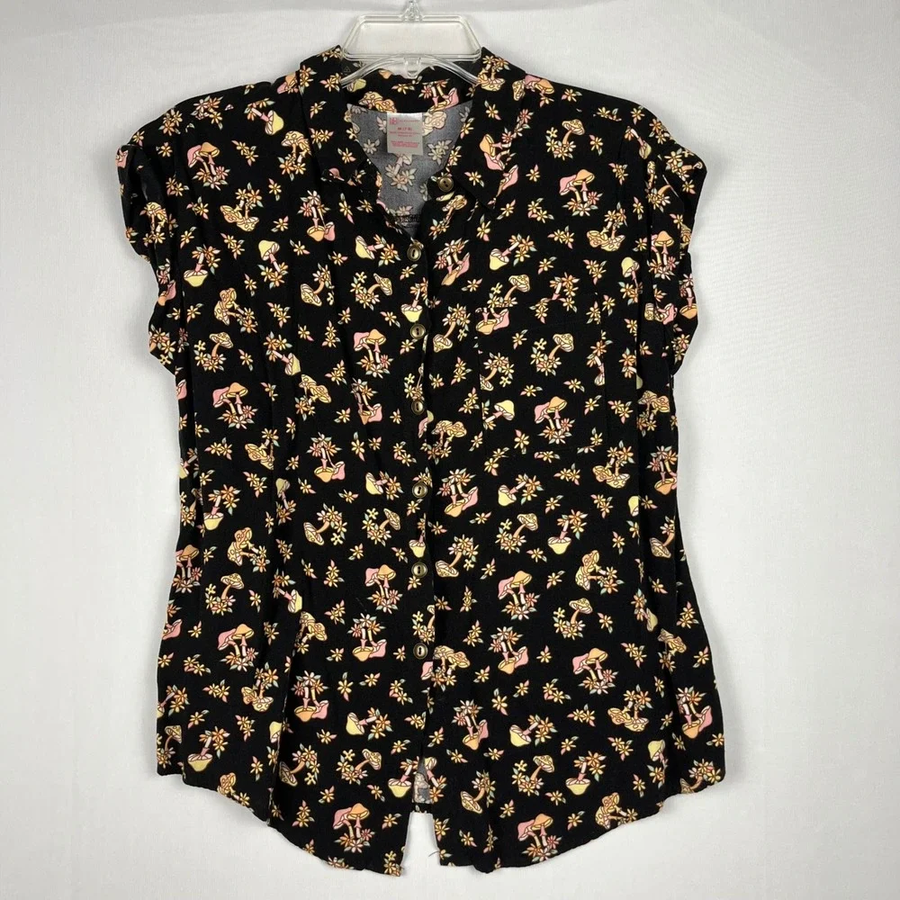 No Boundaries Neon Mushroom Floral Print Button Up Shirt‎ Top M 7/9 Black EUC